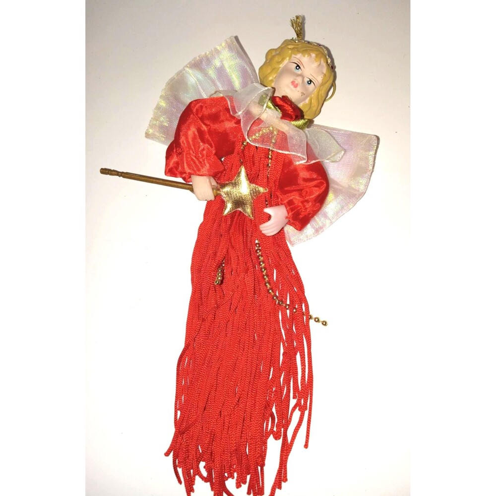 Vintage Dillards Porcelain Angel Ornament, Red Dress Christmas Decor